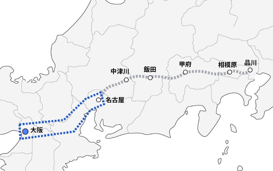 大阪から名古屋へのリニア新幹線開発予定図